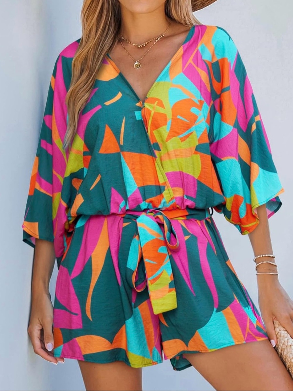 CUPSHE XL Tropical Abstract Print Belted Kimono Sleeve Romper Like New